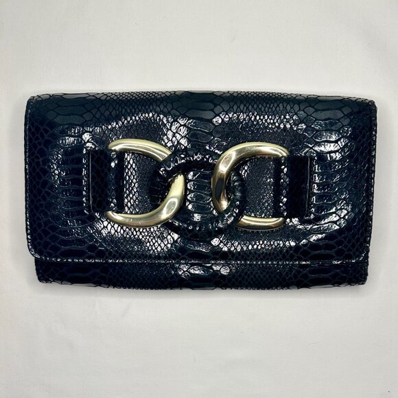 MICHAEL Michael Kors Snakeskin Leather Gold Chain Evening Bag Clutch Black EUC - Picture 12 of 16